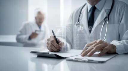 Fototapeta premium Doctor using digital devices to create medical records interacting with a virtual interface filled with data points and icons, representing health records, medical technology
