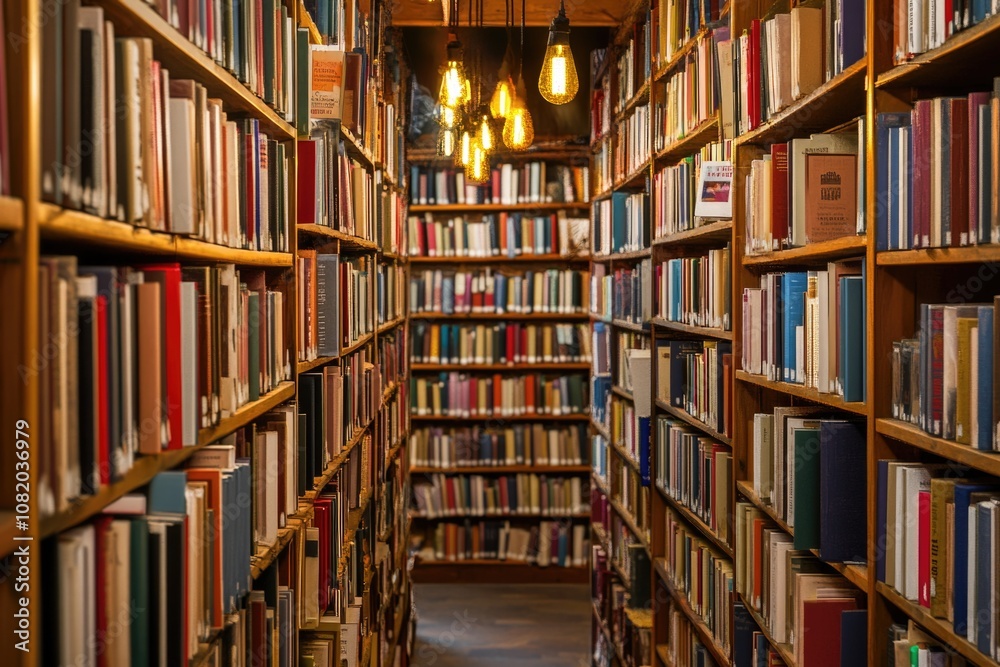 Poster A long row of books on shelves in a quiet library setting