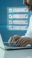 Doctor working on their laptop with an online file checklist floating above the screen, representing health records, medical management