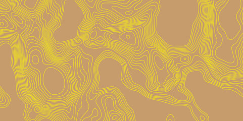 Curve yellow lines abstract topographic map brown background with vector contour map and geography map grid, lines map seamless pattern geographic mountain relief luxury topographic wavy pattern.