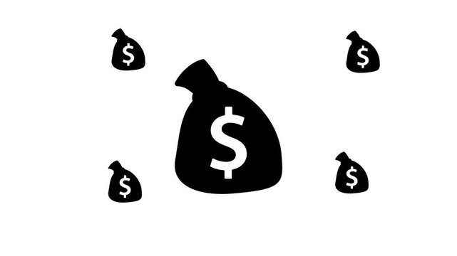 Zoom in and out animation the bag of money symbol. Large black symbol in the center and four small symbols around. Seamless looped 4k animation on white background