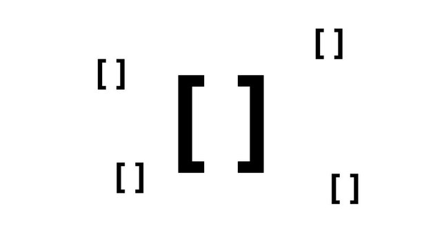 Zoom in and out animation the square brackets symbol. Large black symbol in the center and four small symbols around. Seamless looped 4k animation on white background