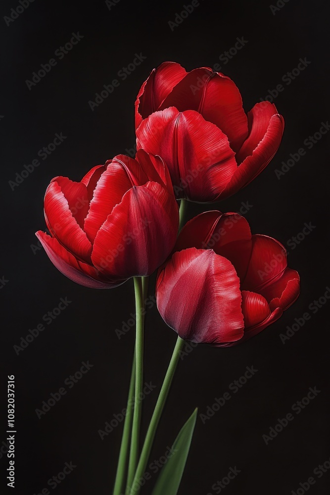 Poster close-up of three red tulips in a vase against a dark background