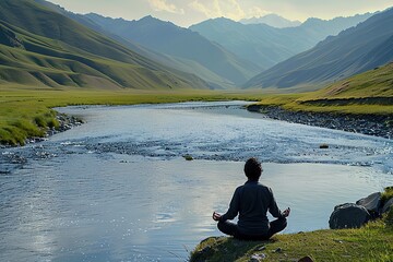 Fototapeta premium Person meditating by serene mountain river in valley