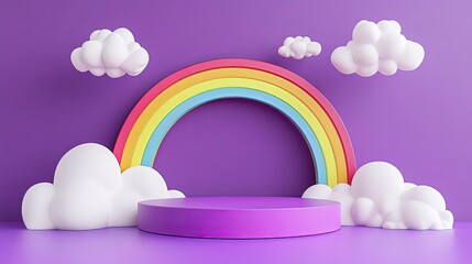 Colorful rainbow arch with clouds on a purple background.