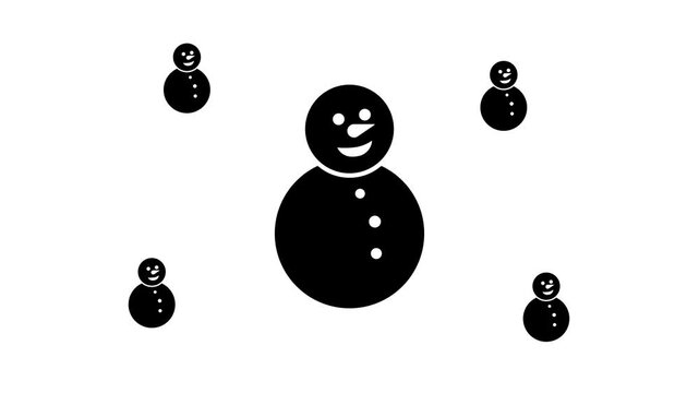 Zoom in and out animation the Christmas snowman symbol. Large black symbol in the center and four small symbols around. Seamless looped 4k animation on white background