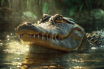 Obraz premium Close-up view of an alligator's head submerged in water