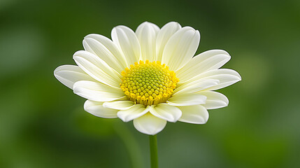 Obraz premium White daisy flower close-up with green blurred background, delicate petals and yellow center in nature macro shot.