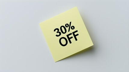 Black '30% OFF' Text on a Yellow Square Paper Note. White Background with Copy Space