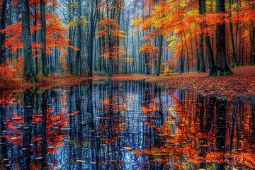 Obraz premium A serene pond surrounded by trees and covered in autumn leaves, perfect for nature-inspired designs