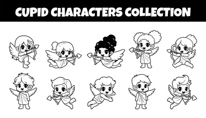 Cupid character outline sketch vector illustration set
