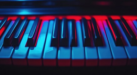 Close-up of piano keys, with red and blue neon lights in the background.