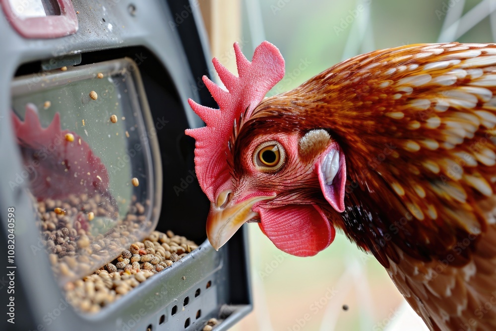 Poster a chicken eats from a bird feeder in a close-up shot