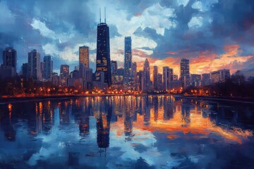 Fototapeta premium Nighttime cityscape with skyscrapers and lights