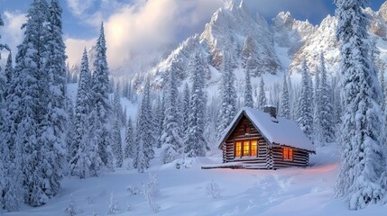 Cozy cabin in a snowy landscape surrounded by tall trees.