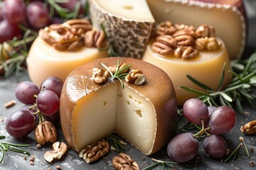 Fototapeta premium A colorful snack plate featuring melted cheese, juicy grapes, and crunchy nuts