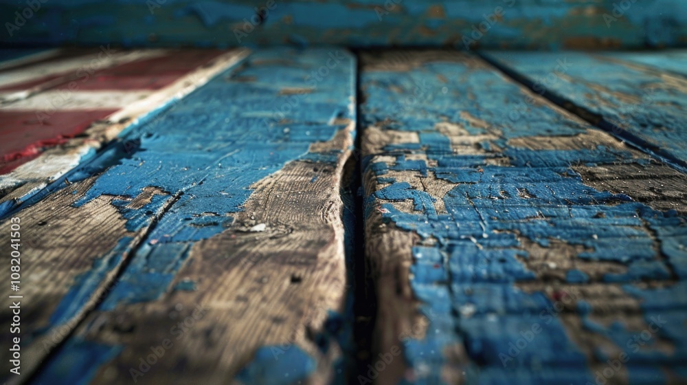 Poster A close-up view of a worn-out wooden table with peeling paint, suitable for use as a decorative element or in a still life composition