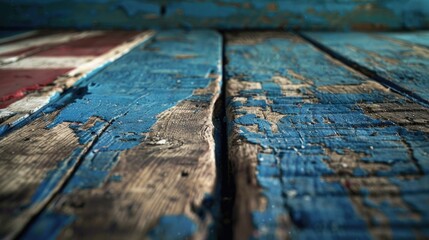 Fototapeta premium A close-up view of a worn-out wooden table with peeling paint, suitable for use as a decorative element or in a still life composition
