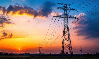 Silhouettes of power lines against colorful sunset sky