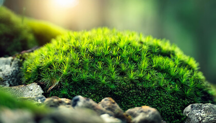 Fototapeta premium Green moss grown up cover the rough stones