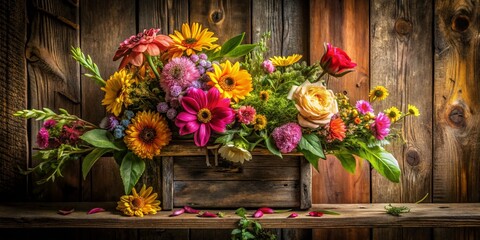 Fototapeta premium Elegant Floral Composition Displayed on Wooden Bracket with Vibrant Blooms in a Rustic Setting Featuring a Mix of Colors and Textures