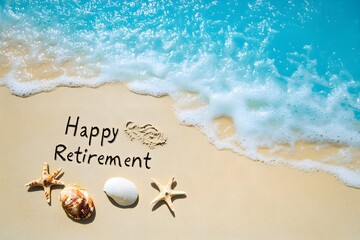 "Happy Retirement" Quote Written in Sand by Ocean