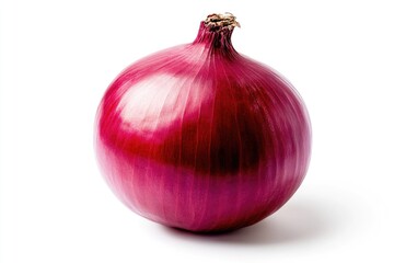 A single red onion sits on a clean white surface