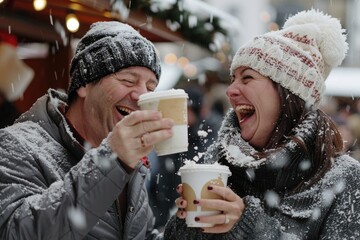 A romantic moment between two people enjoying coffee together in a winter wonderland setting, perfect for Valentine's Day or cozy date ideas