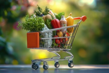 A colorful shopping cart filled with various vegetables, great for food and lifestyle images