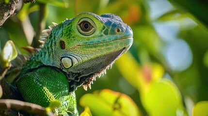 Fototapeta premium A close-up shot of a lizard perched in a tree branch, with leaves and bark surrounding it
