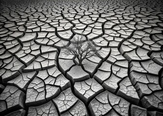 Dry and Cracked Soil Texture with a Lonely Tree in a Black and White Candid Photography Style, Capturing the Essence of Drought and Resilience