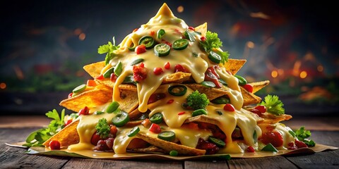 Tower of Crispy Nachos Topped with Dripping Cheese, Fresh Peppers, and Herbs for an Enticing Culinary Experience in Food Photography