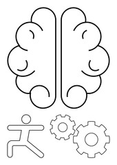 Stylized brain with gears and human silhouette element. Ideal for mental health, cognitive science, physical health, psychology, personal growth, mind-body connection, educational purposes. Line