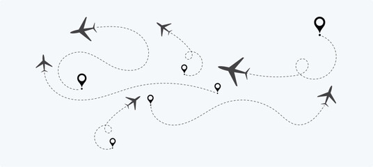 air plane flight route with the point of location line trace isolated on white background.