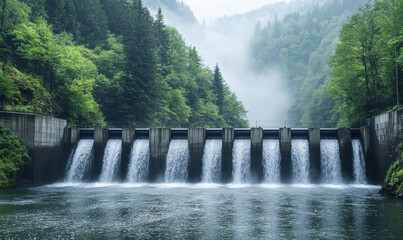 Water flowing over dam, surrounded by lush greenery and fog