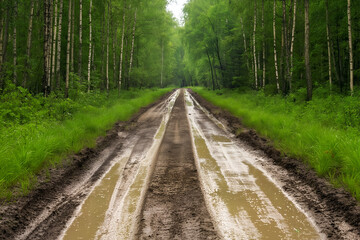 Fototapeta premium Dirt road or mud road and rain forest 