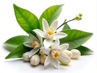 Obraz premium Isolated Orange Blossom and Neroli Flowers with Buds on White Background - Elegant Floral Arrangement for Home Decor and Wellness Products