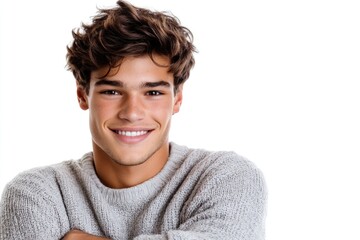 Fototapeta premium A smiling young man stands with his arms crossed, conveying confidence and relaxation