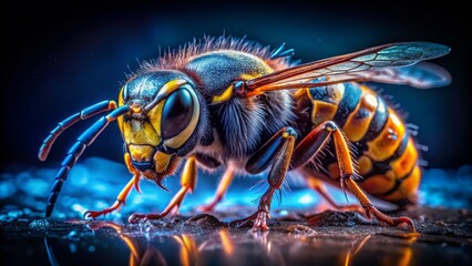 Macro Night Photography of a Dead Wasp with Detailed Textures and Atmospheric Lighting for Nature Lovers and Insect Enthusiasts