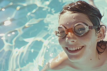 Naklejka premium A person wearing goggles swimming in a pool