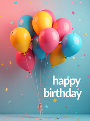 Bunch of bright balloons and text against color background happy birthday horizontal illustration. 3d realistic air balloons with confetti