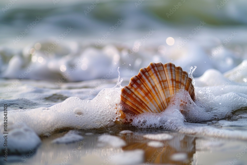 Poster A shell partially submerged in the calm waters of a beach, great for use in coastal-themed designs or as a symbol of protection