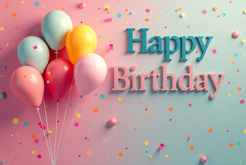 Bunch of bright balloons and text against color background happy birthday horizontal illustration. 3d realistic air balloons with confetti