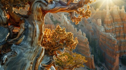 Close-up of a tree growing out of the rocky wall of a canyon, with a scenic view
