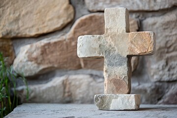 Natural stone cross with rugged textures, capturing the essence of earthy materials, exuding strength and spirituality