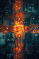 An aerial perspective captures a busy city intersection at night, with vehicles creating vibrant streaks of light through the urban landscape