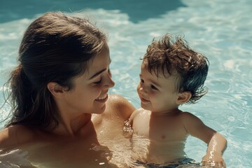 A mother holds her baby near the edge of a swimming pool