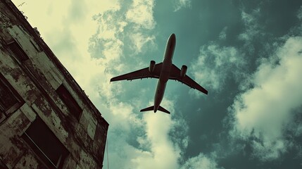 Naklejka premium Airplane passing overhead, viewed from the rooftop of a building, with a cloudy sky filling the background