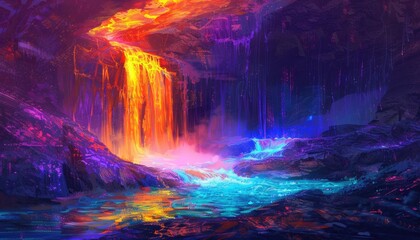 Fototapeta premium A Surreal Landscape with a Lava Waterfall and a Blue Stream