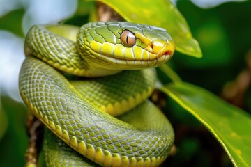 Obraz premium A close-up shot of a snake wrapped around a tree branch